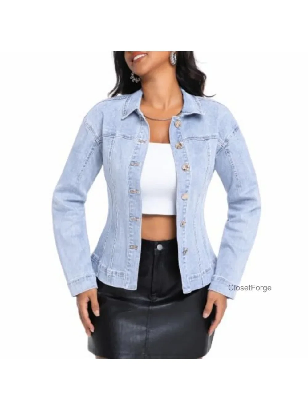 Women's Stretch Denim Jacket Cinched Waist Button Up Long Sleeve Jean Jacket